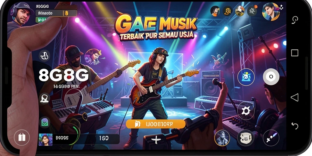 Tangkapan layar utama dari gameplay 8G8G memperlihatkan pengalaman bermain musik yang interaktif.