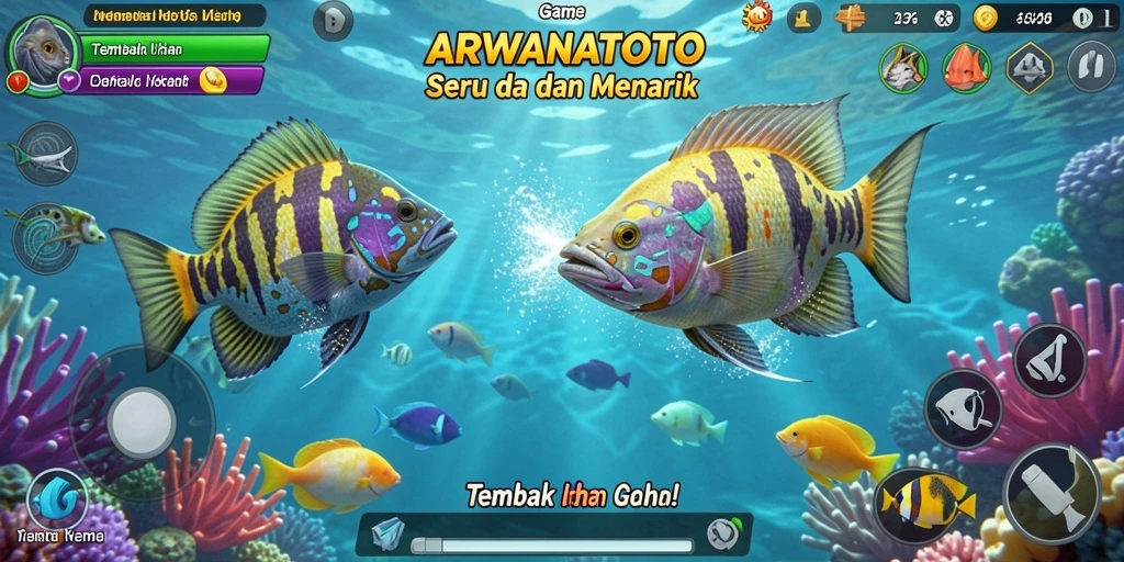 Tampilan gameplay ARWANATOTO yang seru saat menembak ikan.