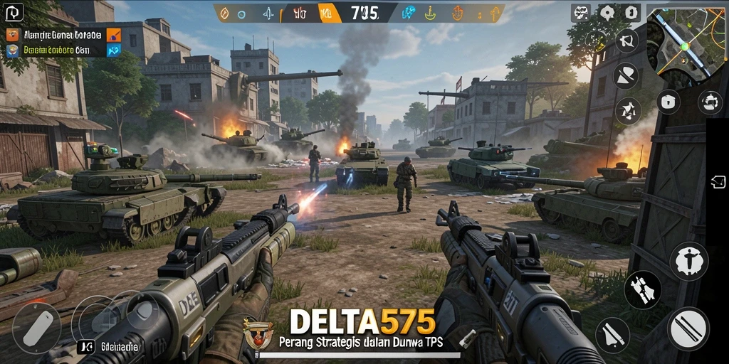 Screenshot gameplay DELTA575 menampilkan aksi seru dalam pertempuran TPS.