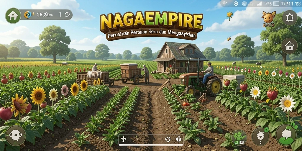 Screenshot gameplay NAGAEMPIRE dengan elemen pertanian yang interaktif.