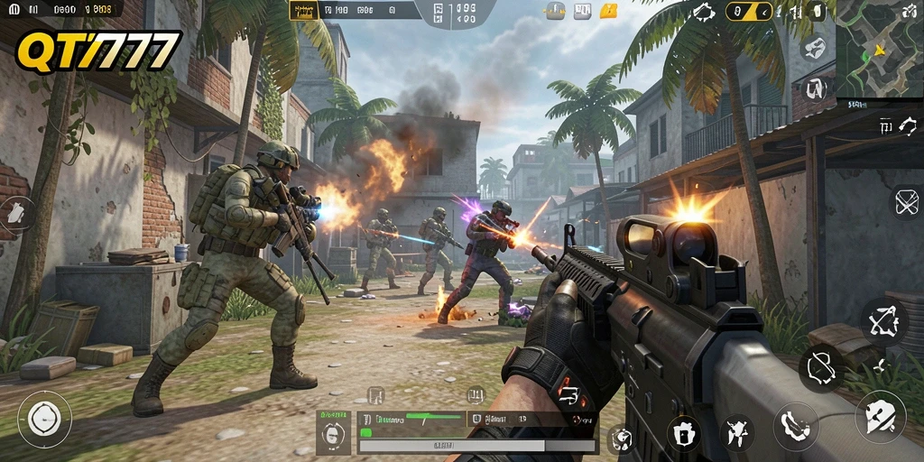 Tangkapan layar dari QT777 menunjukkan aksi pertempuran FPS yang seru.