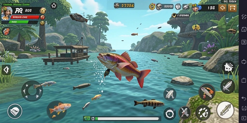 Tampilan gameplay RR44 saat melakukan aktivitas memancing yang seru.