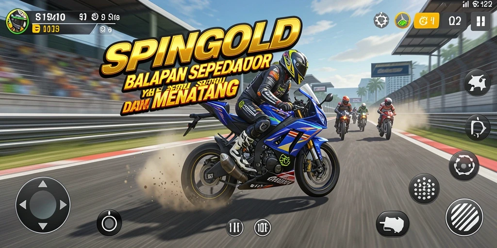 Tangkapan layar gameplay SPINGOLD menunjukkan aksi balapan sepeda motor yang mendebarkan.
