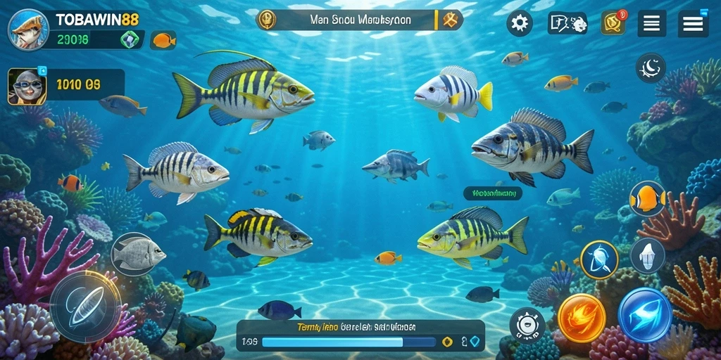 Tampilan gameplay intens dalam TOBAWIN88 saat menembak ikan.